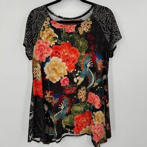 Amma Design Women Dragon Floral Print Tunic Top Blouse Shirt Size M Made in USA